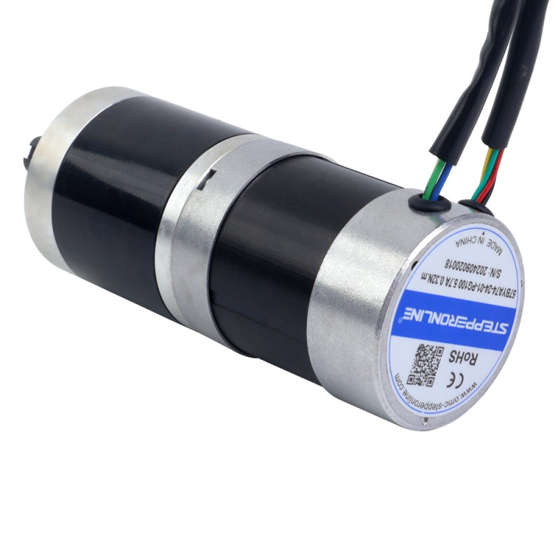 24V 101W Round Geared Brushless DC Motor 20.00Nm(2832.23oz.in) 100:1 Round Planetary Gearbox - 57BYA74-24-01-PG100 | StepperOnline CA