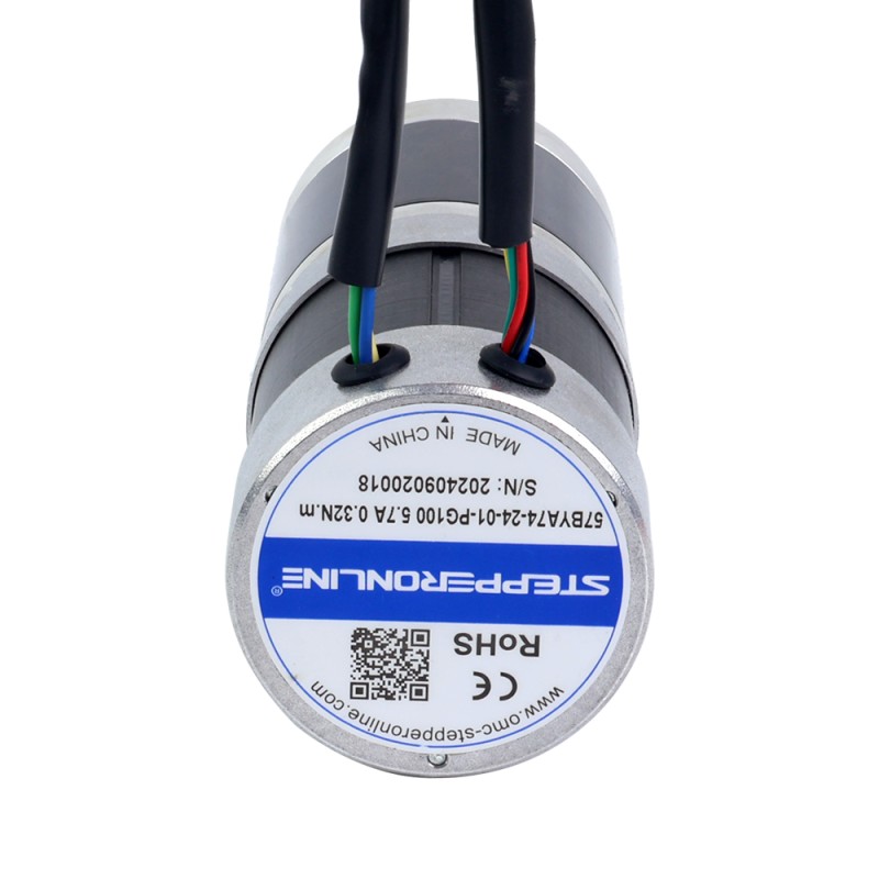 24V 101W Round Geared Brushless DC Motor 20.00Nm(2832.23oz.in) 100:1 Round Planetary Gearbox - 57BYA74-24-01-PG100 | StepperOnline CA