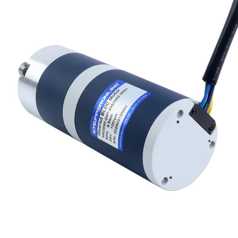 24V 90W 100RPM Geared Brushless DC Motor 6.90Nm(977.12oz.in) 30:1 Planetary Gearbox - M62B90-24P-30S/G62-30S1 | StepperOnline CA