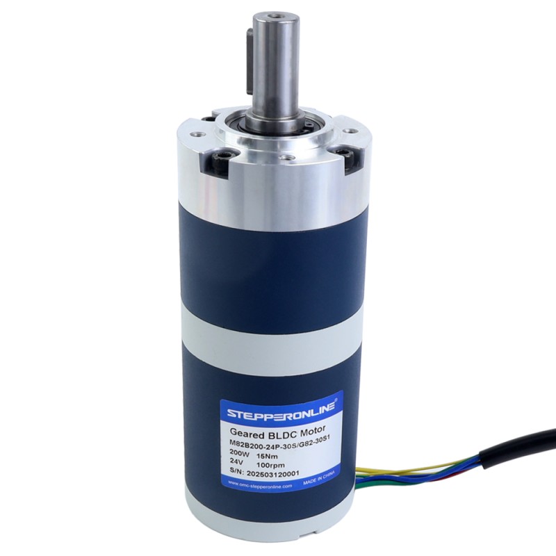 24V 200W 100RPM Geared Brushless DC Motor 15.00Nm(2124.17oz.in) 30:1 Planetary Gearbox - M82B200-24P-30S/G82-30S1 | StepperOnline CA