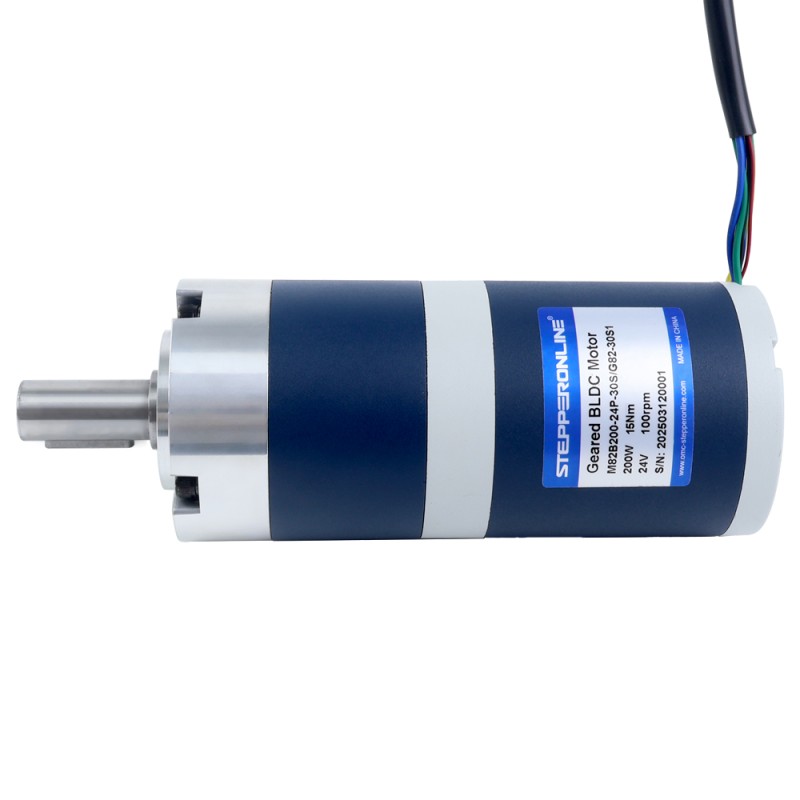 24V 200W 100RPM Geared Brushless DC Motor 15.00Nm(2124.17oz.in) 30:1 Planetary Gearbox - M82B200-24P-30S/G82-30S1 | StepperOnline CA