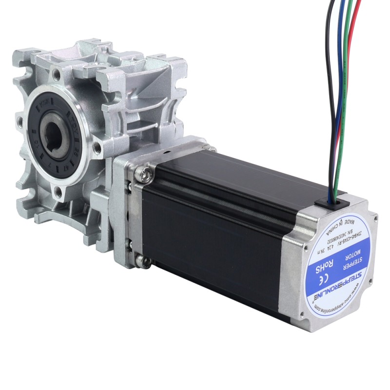 Nema 23 Stepper Motor 113mm Gear Ratio 20:1 Worm Gearbox NMRVS30 Worm Gear Speed Reducer - 23HS45-4204S-RVS30-G20 | StepperOnline CA