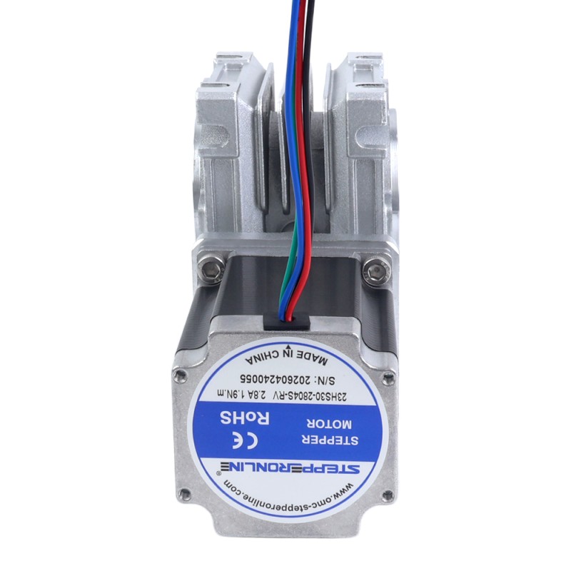 Nema 23 Stepper Motor 113mm Gear Ratio 15:1 Worm Gearbox YRV30 Worm Gear Speed Reducer - 23HS45-4204S-YRV30-G15 | StepperOnline CA