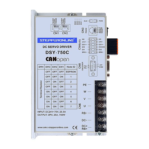DSY Series 750W CANopen DC Servo Motor 24-70VDC 2.39Nm w/ Brake 3000rpm 17-Bit Incremental Encoder IP65 - DSY-C750L2B2-M17S | StepperOnline CA