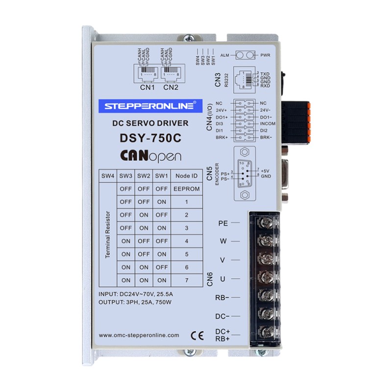 DSY Series 750W CANopen DC Servo Motor 24-70VDC 2.39Nm w/ Brake 3000rpm 17-Bit Incremental Encoder IP65 - DSY-C750L2B2-M17S | StepperOnline CA