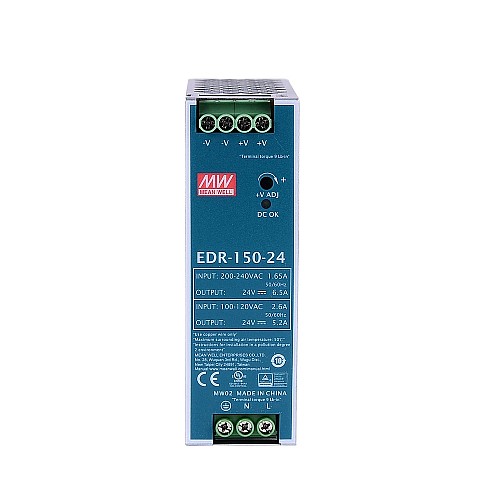 EDR-150-24 MEANWELL 150W 24VDC 5.2A 115VAC/6.5A 230VAC Single Output Industrial DIN RAIL - EDR-150-24 | StepperOnline CA EDR-150-24 MEANWELL 150W 24VDC 5.2A 115VAC/6.5A 230VAC Single Output Industrial DIN RAIL - EDR-150-24 | StepperOnline CA