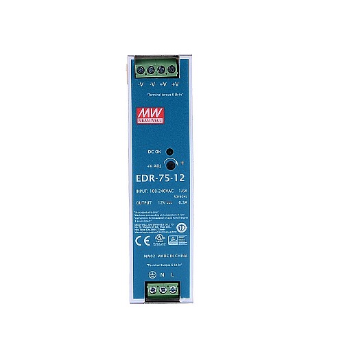 EDR-75-12 MEANWELL 75.6W 12VDC 6.3A 115/230VAC Single Output Industrial DIN RAIL - EDR-75-12 | StepperOnline CA