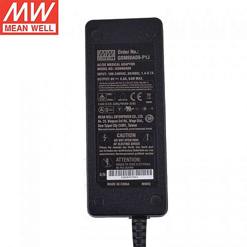 GSM60A09-P1J MEANWELL 54W 9VDC 6A 115/230VAC AC-DC Reliable Green Medical Adaptor - GSM60A09-P1J | StepperOnline CA