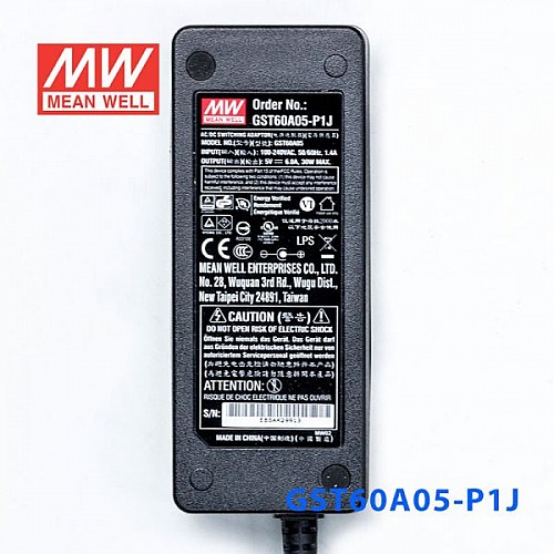 GST60A05-P1J MEANWELL 30W 5VDC 6A 115/230VAC AC-DC Reliable Green Industrial Adaptor - GST60A05-P1J | StepperOnline CA