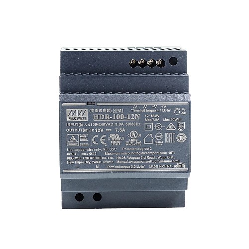 HDR-100-12N MEANWELL 90W 12VDC 7.5A 115/230VAC Ultra Slim Step Shape DIN Rail Power Supply - HDR-100-12N | StepperOnline CA