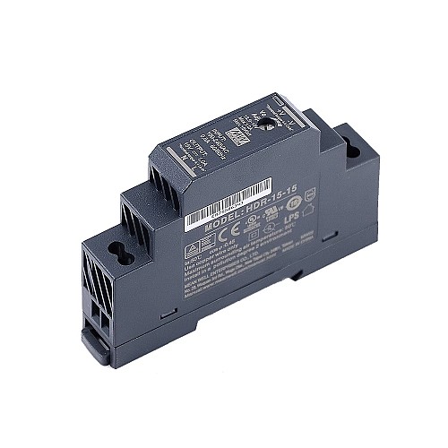 HDR-15-15 MEANWELL 15W 15VDC 1A 115/230VAC Ultra Slim Step Shape DIN Rail Power Supply - HDR-15-15 | StepperOnline CA