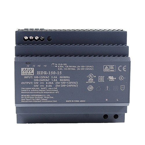 HDR-150-15 MEANWELL 15VDC 8.55A 128.3W 115VAC/9.5A 142.5W 230VAC Ultra Slim Step Shape DIN Rail Power Supply - HDR-150-15 | StepperOnline CA HDR-150-15 MEANWELL 15VDC 8.55A 128.3W 115VAC/9.5A 142.5W 230VAC Ultra Slim Step Shape DIN Rail Power Supply - HDR-150-15 | StepperOnline CA