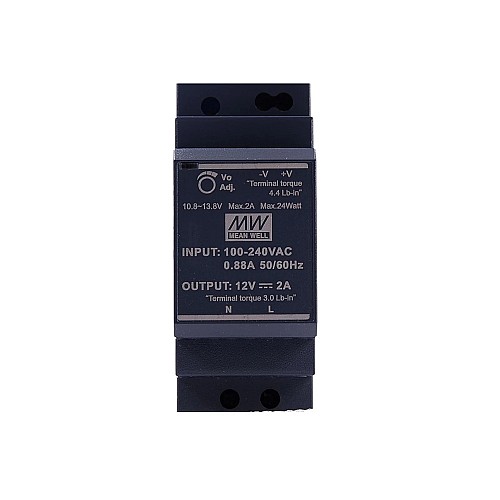 HDR-30-12 MEANWELL 24W 12VDC 2A 115/230VAC Ultra Slim Step Shape DIN Rail Power Supply - HDR-30-12 | StepperOnline CA