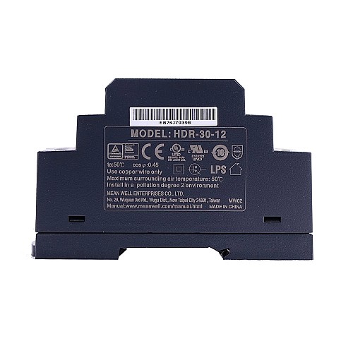 HDR-30-12 MEANWELL 24W 12VDC 2A 115/230VAC Ultra Slim Step Shape DIN Rail Power Supply - HDR-30-12 | StepperOnline CA