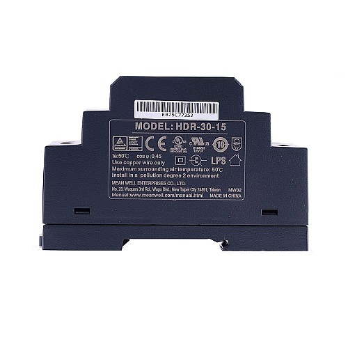 HDR-30-15 MEANWELL 30W 15VDC 2A 115/230VAC Ultra Slim Step Shape DIN Rail Power Supply - HDR-30-15 | StepperOnline CA