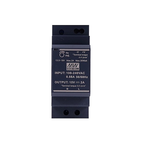 HDR-30-15 MEANWELL 30W 15VDC 2A 115/230VAC Ultra Slim Step Shape DIN Rail Power Supply - HDR-30-15 | StepperOnline CA