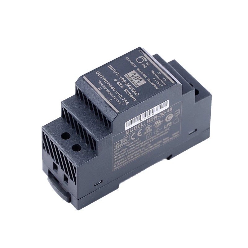 HDR-30-48 MEANWELL 36W 48VDC 0.75A 115/230VAC Ultra Slim Step Shape DIN Rail Power Supply - HDR-30-48 | StepperOnline CA