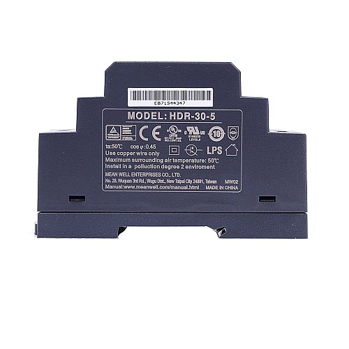 HDR-30-5 MEANWELL 15W 5VDC 3A 115/230VAC Ultra Slim Step Shape DIN Rail Power Supply - HDR-30-5 | StepperOnline CA