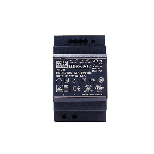 HDR-60-12 MEANWELL 54W 12VDC 4.5A 115/230VAC Ultra Slim Step Shape DIN Rail Power Supply - HDR-60-12 | StepperOnline CA