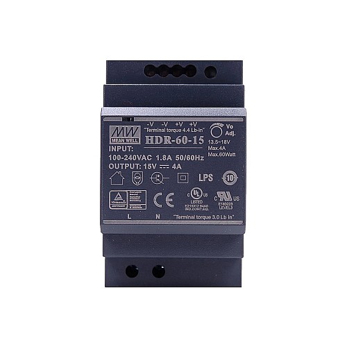 HDR-60-15 MEANWELL 60W 15VDC 4A 115/230VAC Ultra Slim Step Shape DIN Rail Power Supply - HDR-60-15 | StepperOnline CA