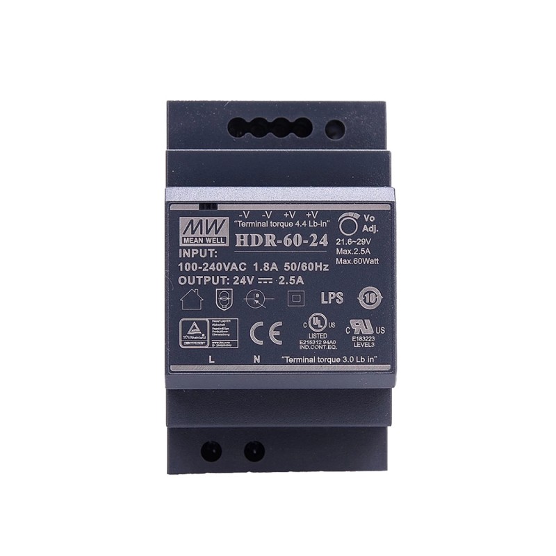 HDR-60-24 MEANWELL 60W 24VDC 2.5A 115/230VAC Ultra Slim Step Shape DIN Rail Power Supply - HDR-60-24 | StepperOnline CA