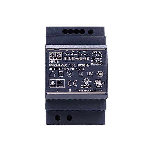 HDR-60-48 MEANWELL 60W 48VDC 1.25A 115/230VAC Ultra Slim Step Shape DIN Rail Power Supply - HDR-60-48 | StepperOnline CA