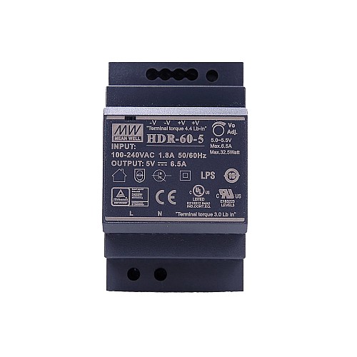 HDR-60-5 MEANWELL 32.5W 5VDC 6.5A 115/230VAC Ultra Slim Step Shape DIN Rail Power Supply - HDR-60-5 | StepperOnline CA
