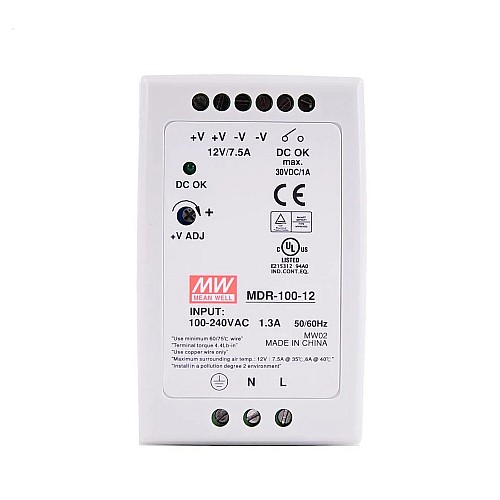 MDR-100-12 MEANWELL 100W 12VDC 7.5A 115/230VAC DIN Rail Power Supply - MDR-100-12 | StepperOnline CA
