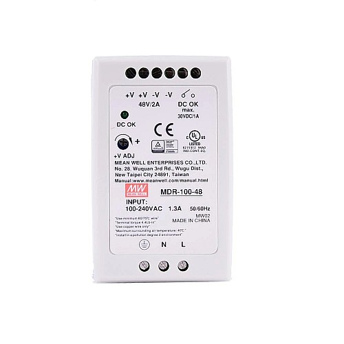MDR-100-48 MEANWELL 96W 48VDC 2A 115/230VAC Single Output Industrial DIN Rail Power Supply - MDR-100-48 | StepperOnline CA