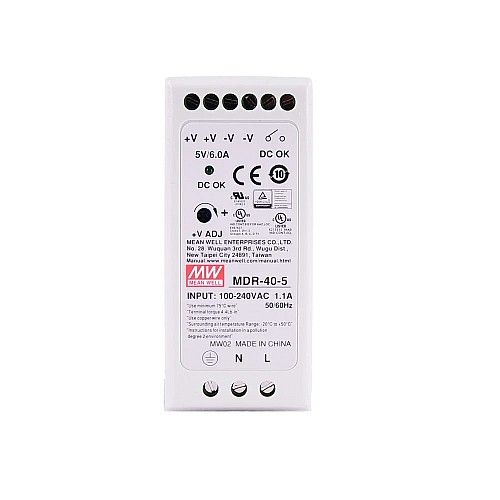 MDR-40-5 MEANWELL 30W 5VDC 6A 115/230VAC Single Output Industrial DIN Rail Power Supply - MDR-40-5 | StepperOnline CA