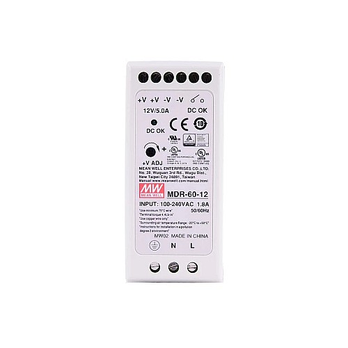 MDR-60-12 MEANWELL 60W 12VDC 5A 115/230VAC DIN Rail Power Supply - MDR-60-12 | StepperOnline CA