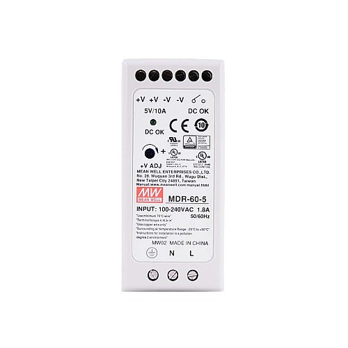 MDR-60-5 MEANWELL 60W 5VDC 10A 115/230VAC DIN Rail Power Supply - MDR-60-5 | StepperOnline CA