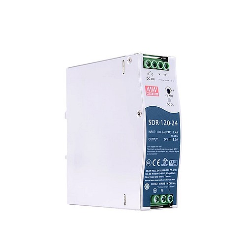 SDR-120-24 MEANWELL 120W 24VDC 5A 115/230VAC With PFC Function DIN Rail Power Supply - SDR-120-24 | StepperOnline CA