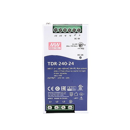 TDR-240-24 MEANWELL 240W 24VDC 10A 400/500VAC Slim Three Phase Industrial DIN Rail With PFC Function - TDR-240-24 | StepperOnline CA