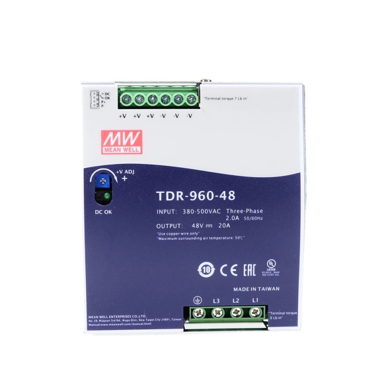 TDR-960-48 MEANWELL 960W 48VDC 20A 400/500VAC Slim Three Phase Industrial DIN Rail With PFC Function - TDR-960-48 | StepperOnline CA