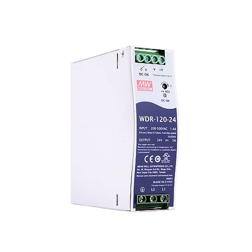 WDR-120-24 MEANWELL 120W 24VDC 5A 180~550VAC DIN Rail Power Supply - WDR-120-24 | StepperOnline CA