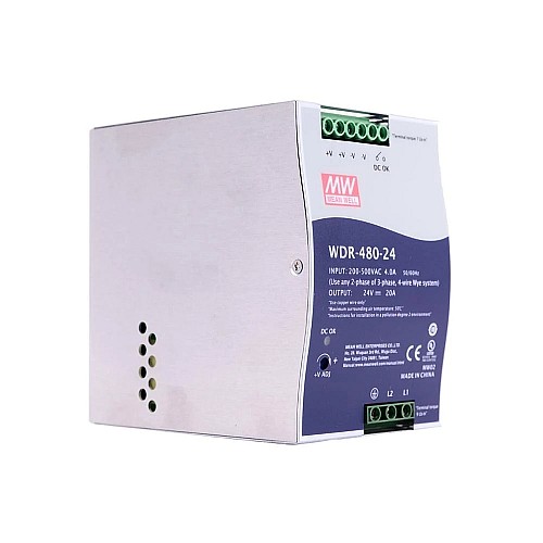 WDR-480-24 MEANWELL 480W 24VDC 20A 230/400VAC UltraWide Input Industrial DIN Rail Power Supply - WDR-480-24 | StepperOnline CA