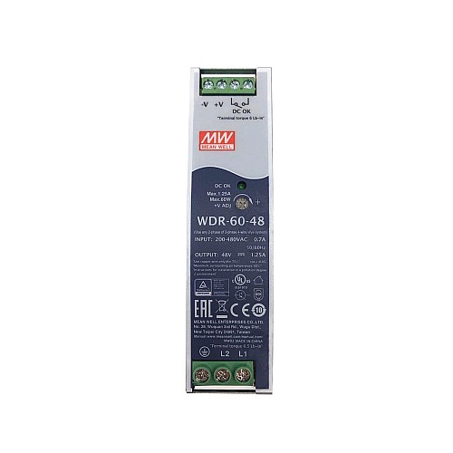 WDR-60-48 MEANWELL 60W 48VDC 1.25A 230/400VAC UltraWide Input Industrial DIN Rail Power Supply - WDR-60-48 | StepperOnline CA