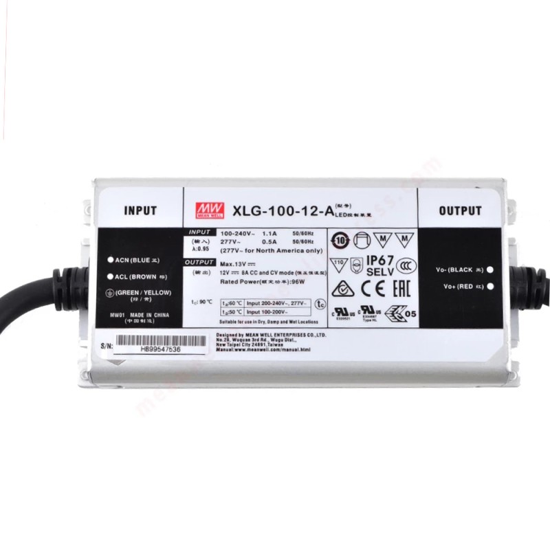 XLG-100-12-A MEANWELL 96W 12VDC 8A 115/230VAC Constant Power Mode LED Driver - XLG-100-12-A | StepperOnline CA