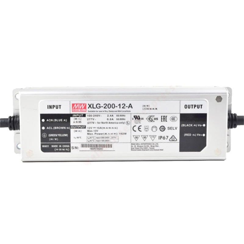 XLG-200-12-A MEANWELL 192W 12VDC 16A 115/230VAC Constant Power Mode LED Driver - XLG-200-12-A | StepperOnline CA