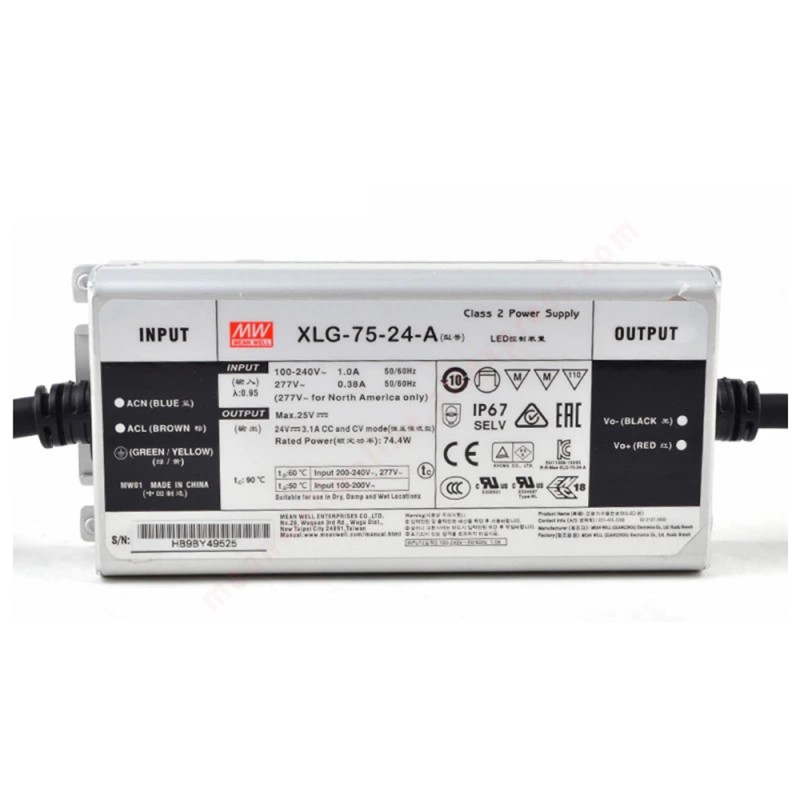 XLG-75-24-A MEANWELL 74.4W 24VDC 3.1A 115/230VAC Constant Power Mode LED Driver - XLG-75-24-A | StepperOnline CA