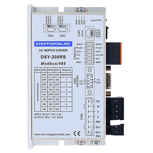 DSY Series 200W RS485 DC Servo Motor 24-70VDC 0.637Nm w/ Brake 3000rpm 17-Bit Incremental Encoder IP65 - DSY-RS200L2B2-M17S | StepperOnline CA