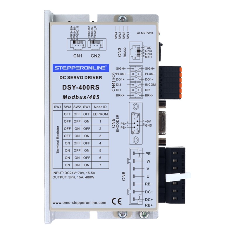 DSY Series 400W RS485 DC Servo Motor 24-70VDC 1.27Nm w/ Brake 3000rpm 17-Bit Incremental Encoder IP65 - DSY-RS400L2B2-M17S | StepperOnline CA