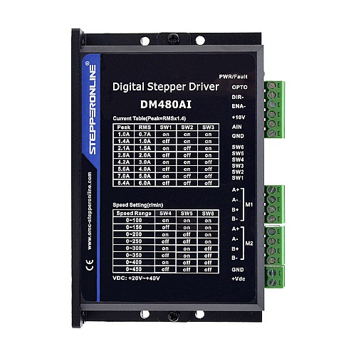 Stepper Motor Controller 2 Channels 1.0-8.4A 20-40VDC Speed Adjustable - DM480AI | StepperOnline CA Stepper Motor Controller 2 Channels 1.0-8.4A 20-40VDC Speed Adjustable - DM480AI | StepperOnline CA