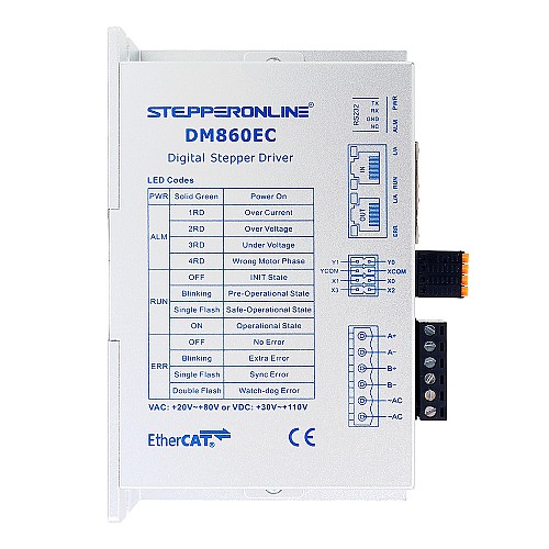 Y Series EtherCAT Digital Stepper Driver 0-8.5A 20-80VAC/30-110VDC for Nema 34 Stepper Motor - DM860EC | StepperOnline CA Y Series EtherCAT Digital Stepper Driver 0-8.5A 20-80VAC/30-110VDC for Nema 34 Stepper Motor - DM860EC | StepperOnline CA
