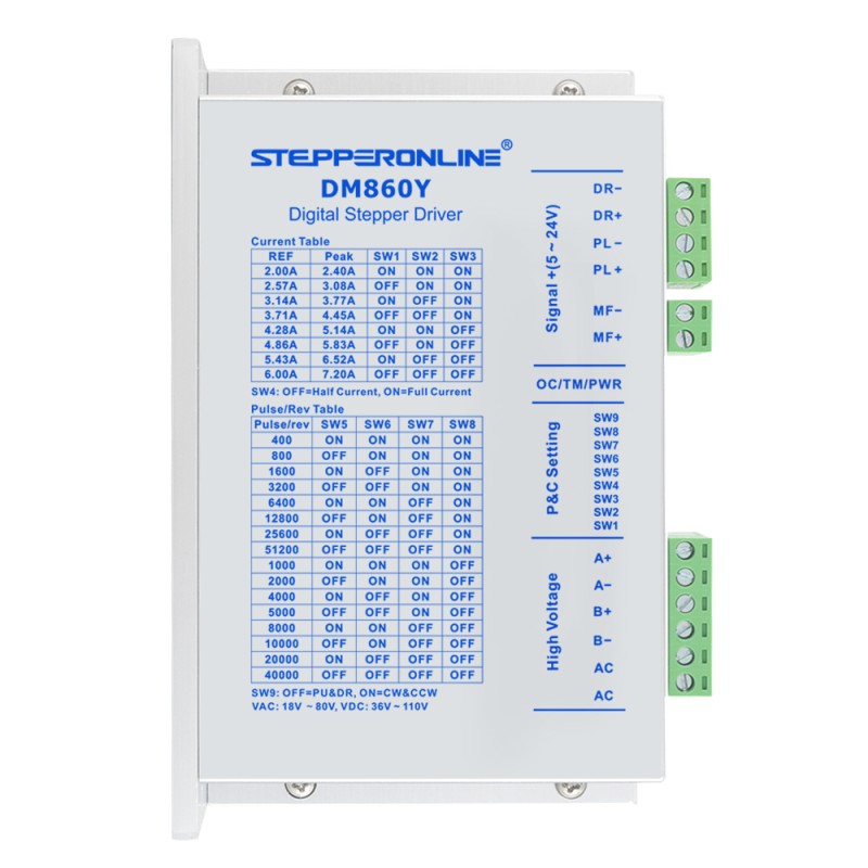 Y Series Digital Stepper Driver 2.4-7.2A AC18V-80V/DC 36V-110V for Nema 34 Motor - DM860Y | StepperOnline CA