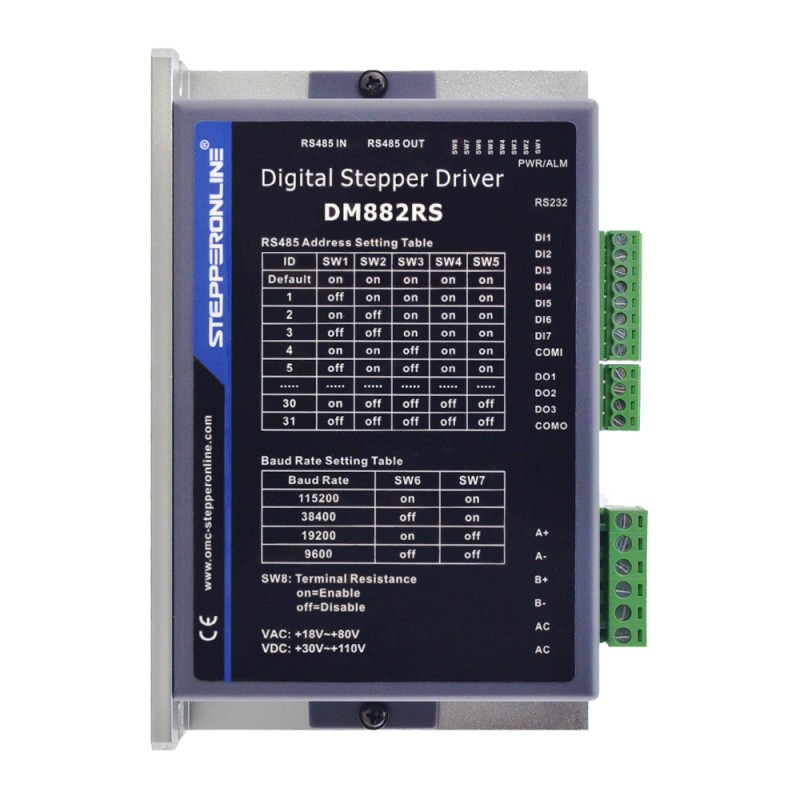 Modbus RS485 Stepper Driver 2.1-8.2A 18-80VAC or 30-110VDC for Nema 34 Stepper Motor - DM882RS | StepperOnline CA